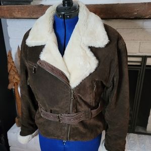Vintage Leather Bomber Jacket with Faux Fur Trim, Size M